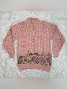 Vintage Van Heusen Handknit Sweater Women’s Size L Large Pink 3D Floral Feminine